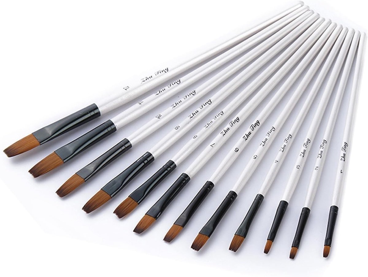 Set van 12 Verfkwasten, Nylon Platte Kwasten voor Waterverf, Olieverf en Schilderen