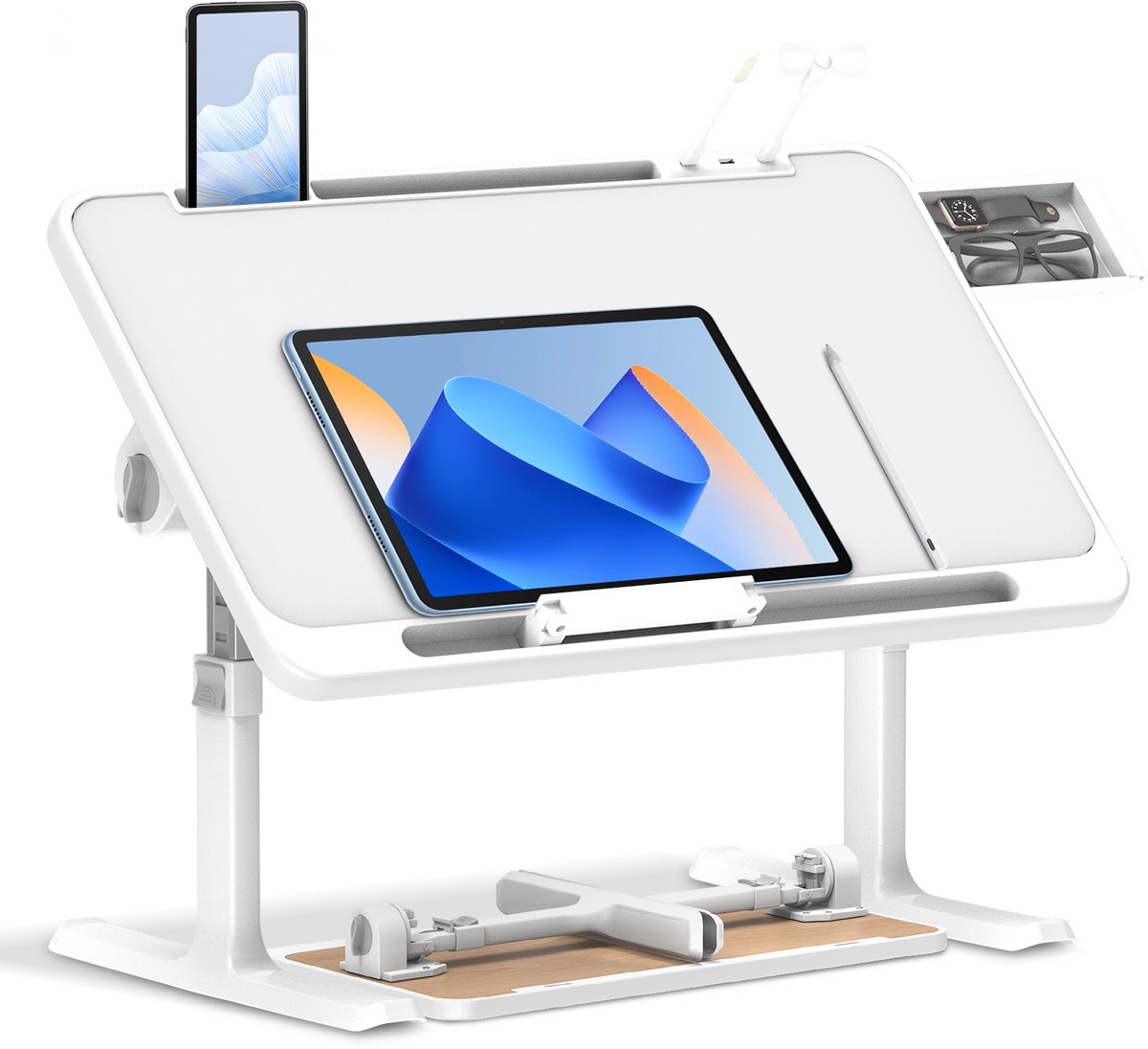 Arvioo Bedbureau-Warmwit-verstelbaar hoogte-opvouwbaar-met lade, lamp en ventilator