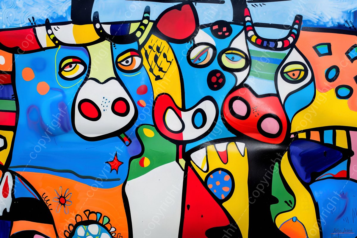 John Joseb Art (Aluminium) 60x40 | Koeien, kleurrijk, abstract, Herman Brood stijl, kunst | dier, koe, stier, rood, groen, geel, blauw, woonkamer, modern | foto-schilderij op dibond, metaal wanddecoratie