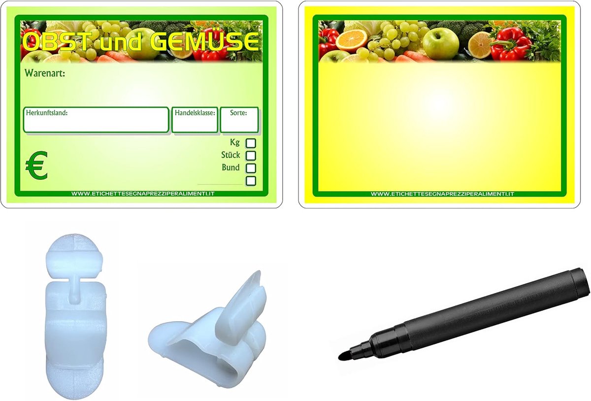 versie 30 geplastificeerde prijskaartjes voor groenten en fruit + 30 houders + 1 zwarte marker (11,1 x 15,6 cm)
