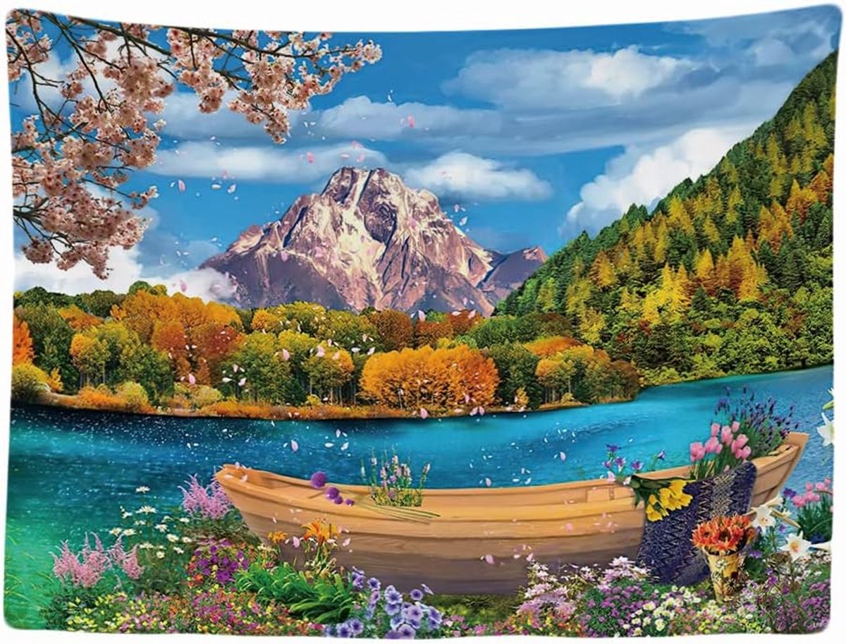 - Landschap bomen meer bergen boot - wandtapijt - 200 x 150 cm - groot wandtapijt - posterdecoratie - decoratie - behang - canvas - schilderij - ruimteverdeler accessoires