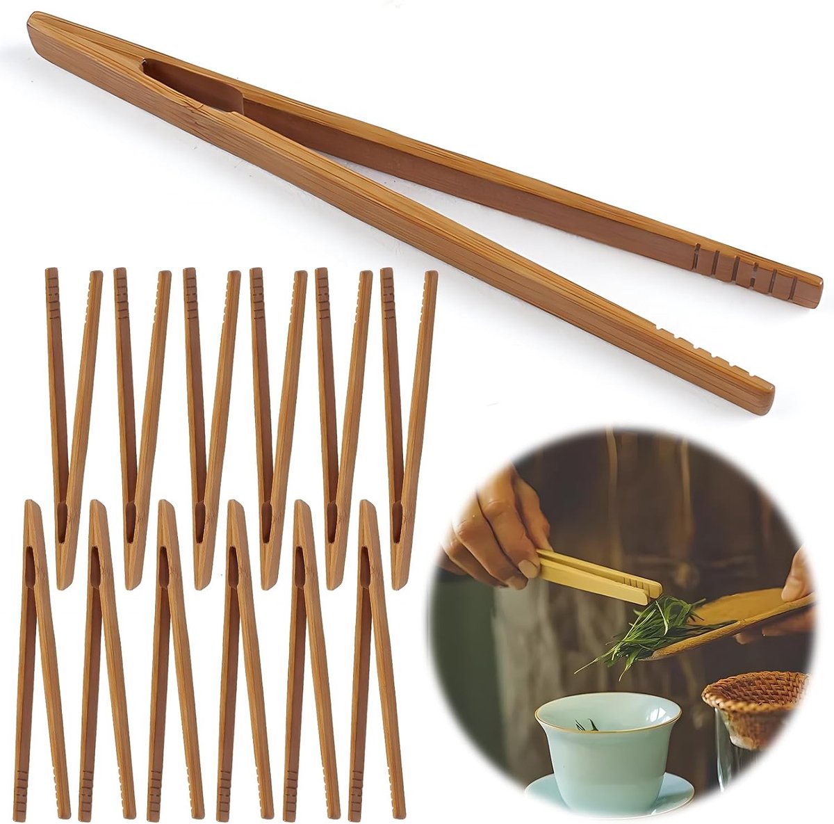 Houten Serveertangen Set van 12 Stuks - Ideaal voor Grillen, Buffet en Sushi - Duurzaam Bamboo Keukengerei