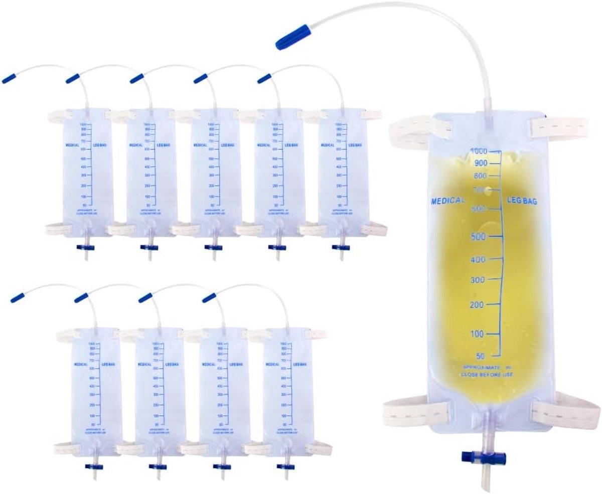 10 Stuks 1000 ml Urinezakken met Anti-Reflux Ventiel en Verstevigde Slang, Ideaal voor Urineafvoer en Comfortabel Gebruik