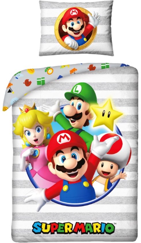 Super Mario dekbedovertrek met Mario, Prinses Peach, Luigi en Toad op een grijze gestreepte achtergrond. De kussensloop toont Mario.
