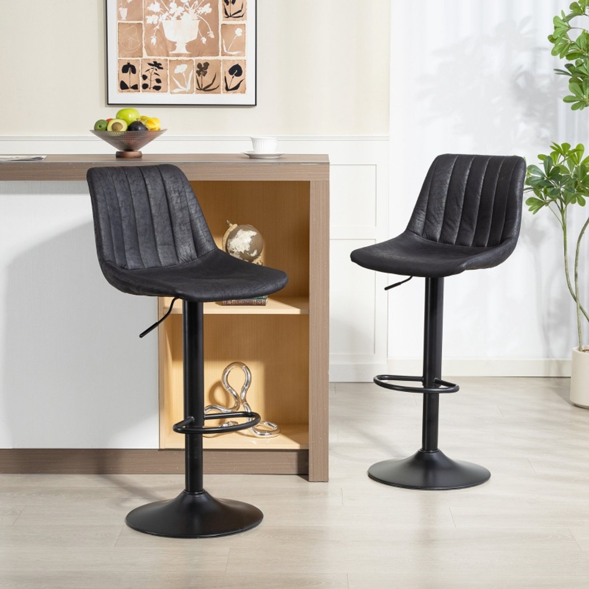 REDOM Barkruk set van 2 - Retrodesign - Hoogte verstelbaar met gaslift - Met voetsteun en hoge rugleuning - Microvezel - Metaal - Zwart - 43 x 46,5 x 89 tot 110 cm