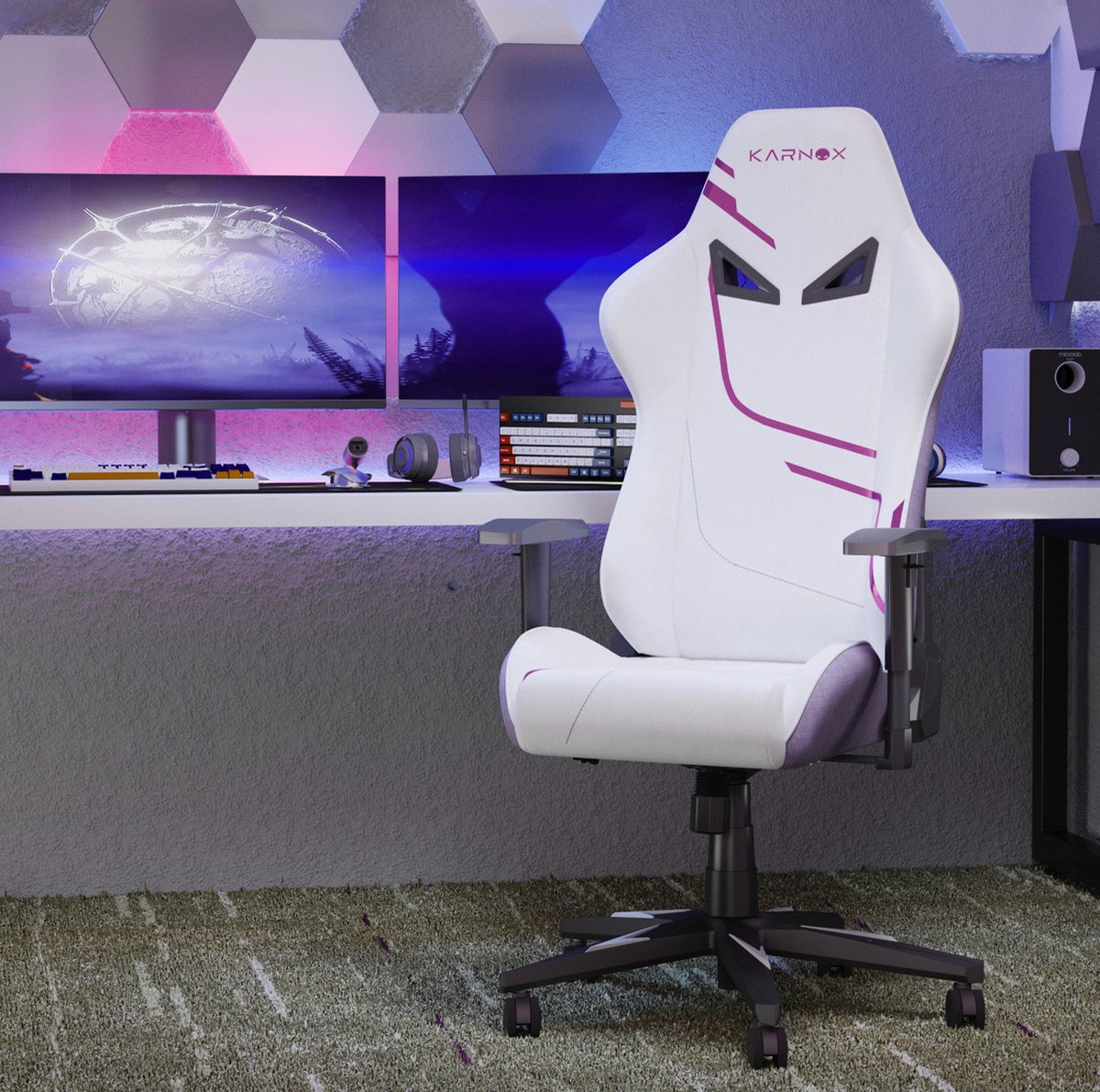 MEUNIQ Ergonomische gamingstoel met hoge rugleuning, hoofdsteun, verstelbare armleuningen en kantelbare rugleuning voor kantoor en gamen, wit/paars