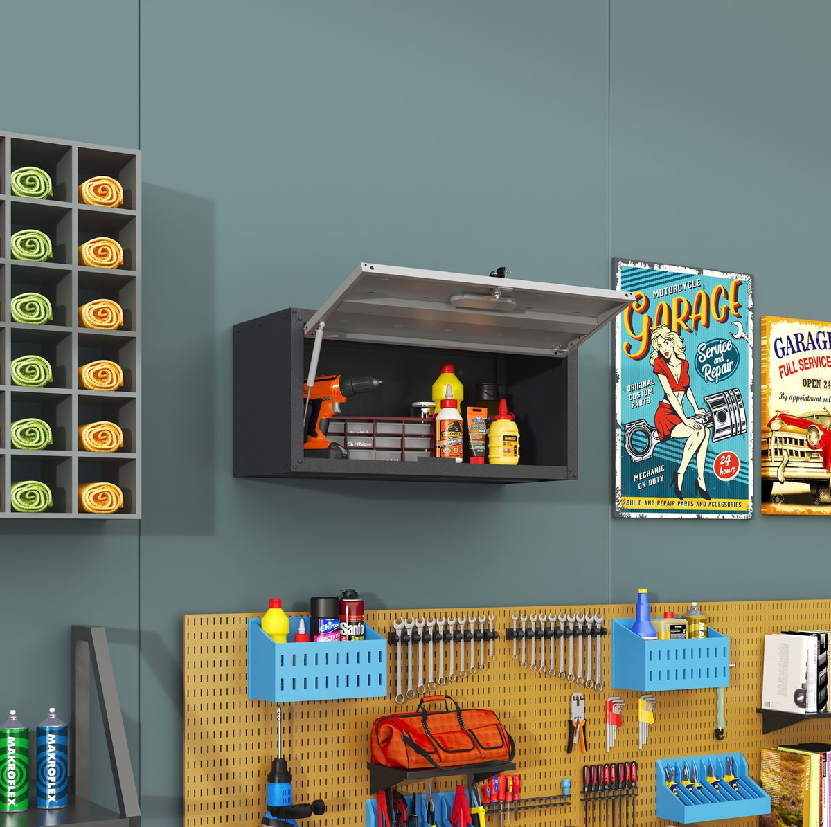 MEUNIQ Metalen wandkast voor gereedschap 75 x 30 x 34,5 cm – afsluitbare opbergkast met opklapbare deur en 2 sleutels voor garage en werkplaats – zwart grijs