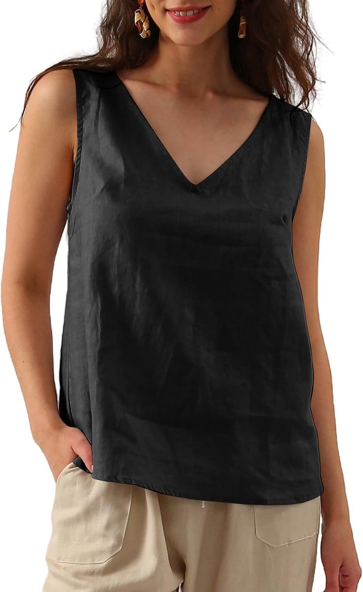 Dames linnen top zomer mouwloos V-hals casual tops