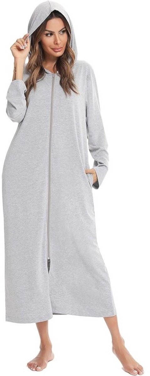 Dames badjas met capuchon en rits lange mouwen huisjas volledige lengte Nightgown met zakken S-XXL