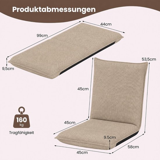 Afmetingen: 99x44x9,5 cm (plat), 58x45x53,5 cm (rechtop). Draagvermogen 160 kg.