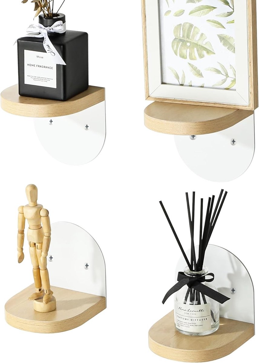 Set van 4 Drijvende Houten Planken, Wandplank voor Thuisdecoratie, Wit en Modern Design