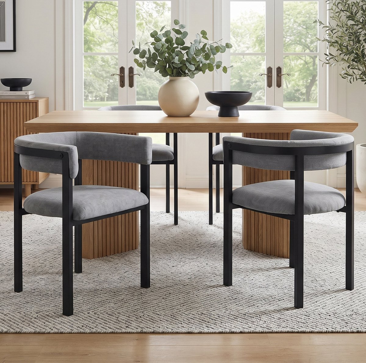 REDOM Eetkamerstoelen set van 4 - Chenille bekleding - C-vormige halfronde rugleuning - Met armleuningen - Metalen onderstel - Grijs - 61 x 50 x 76 cm