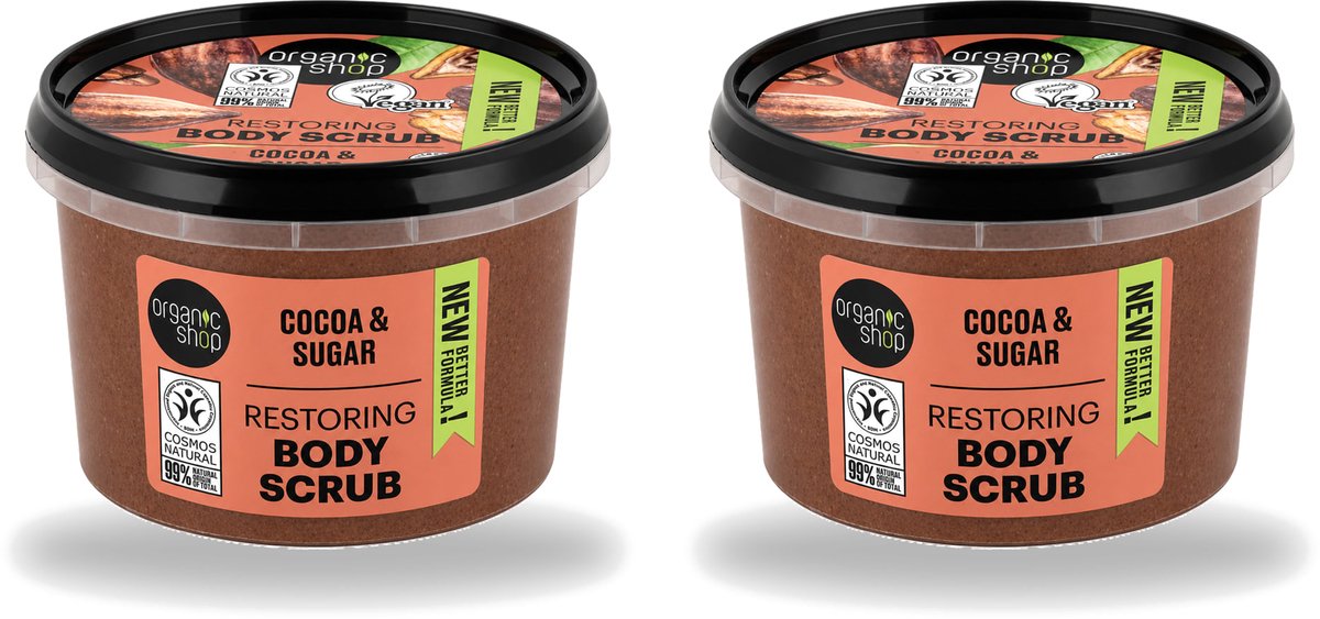 2 x Organic Shop - Body Scrub Cocoa - Rijke Hydratatie - 250 ml - Voordeelverpakking - 2 stuks