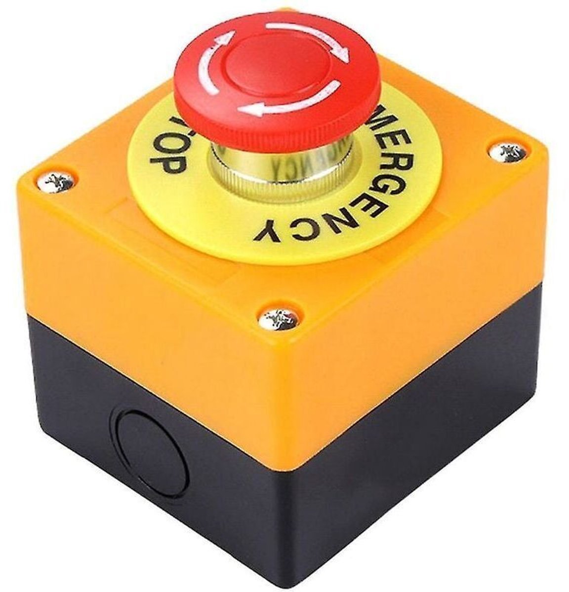De rode, paddenstoelvormige noodstopknop heeft één normaal open (NO) contact en één normaal gesloten (NC) contact en is bestand tegen stromen tot 10A en 660V.