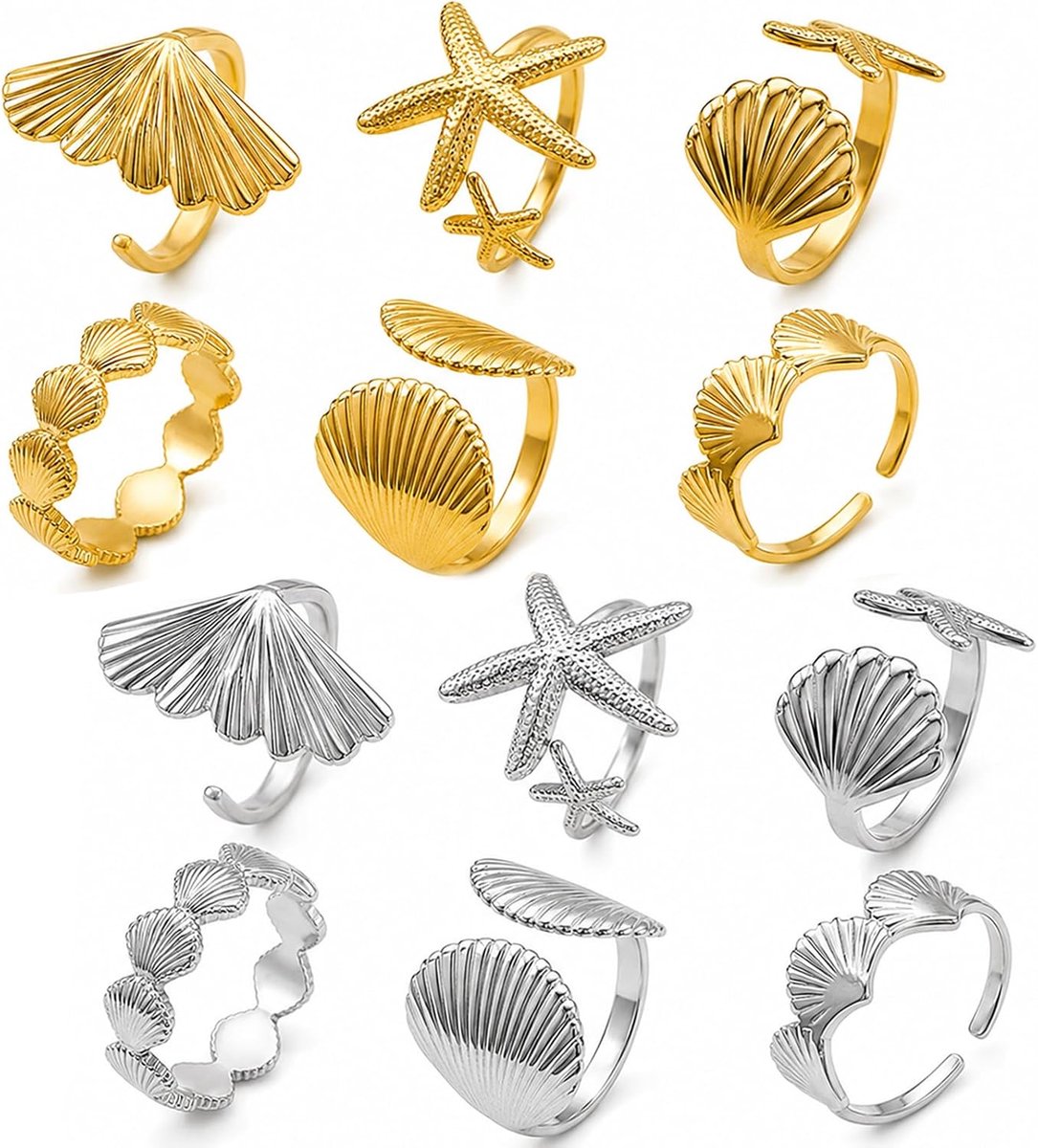 Ringen voor dames, 10 stuks, zeester, schelp