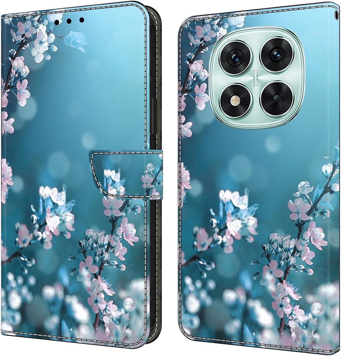 Hoes voor mobiele telefoon compatibel met Xiaomi Redmi Note 14 Pro 5G, hoes van PU-leer, klaphoes met standaard en kaartsleuven, beschermhoes, portefeuille, case, cover, pruimenbloesem, blauw