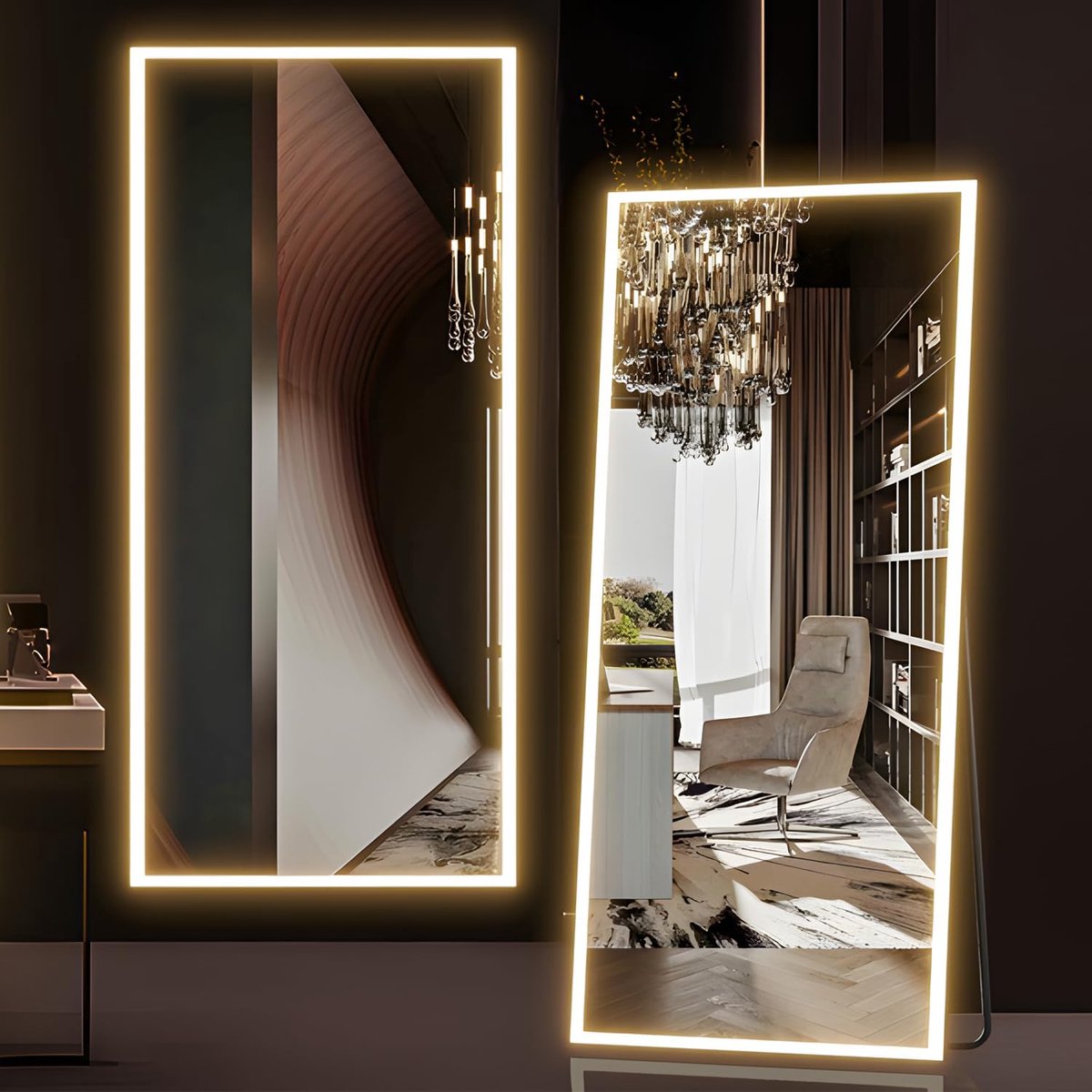 Spiegel met verlichting, 165x60cm Spiegel met verlichting, Verlichte vloerspiegel, LED-spiegels Wandgemonteerd dimbaar en 3 kleuren verlichting voor slaapkamer, wit