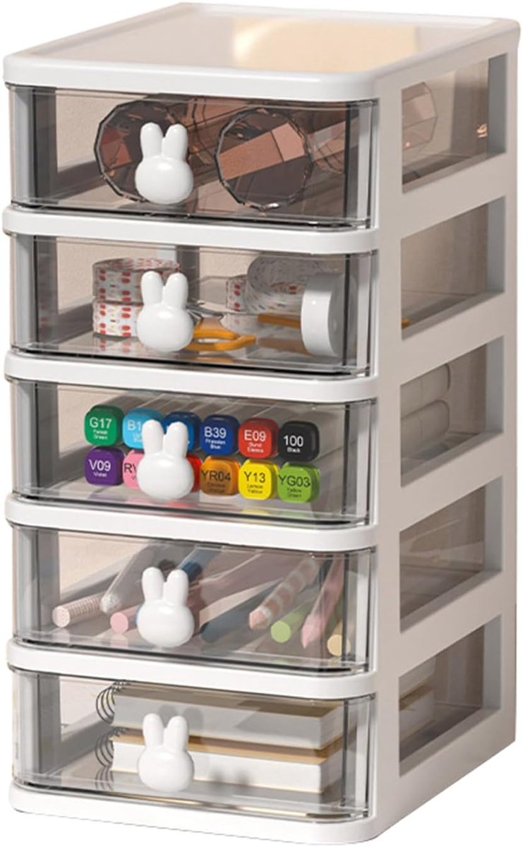 Bureau-organizer lade, doorzichtige plastic opbergdoos voor bureau, plastic konijnenhandvat met grote capaciteit, kleine ladeorganizer voor boek, pen, kantoor, school, thuis (wit, 5 lagen)