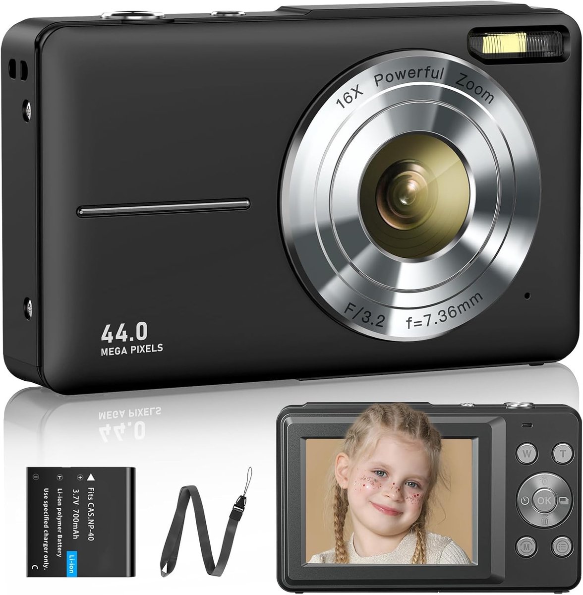 Camera, 1080p, 44MP, 16x digitale zoom, 1 batterijen, digitale camera voor kinderen, jongeren, studenten, beginners, zwart