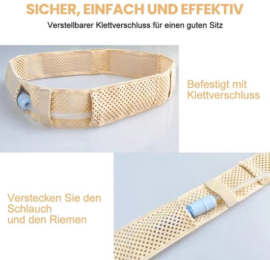 Beige tailleband met geperforeerd patroon, klittenbandsluitingen en een vakje voor een slang. Tekst: Veilig, eenvoudig en effectief. Verstelbare klittenbandsluiting voor een goede pasvorm. Bevestigd met klittenband. Verberg de slang en de riem.