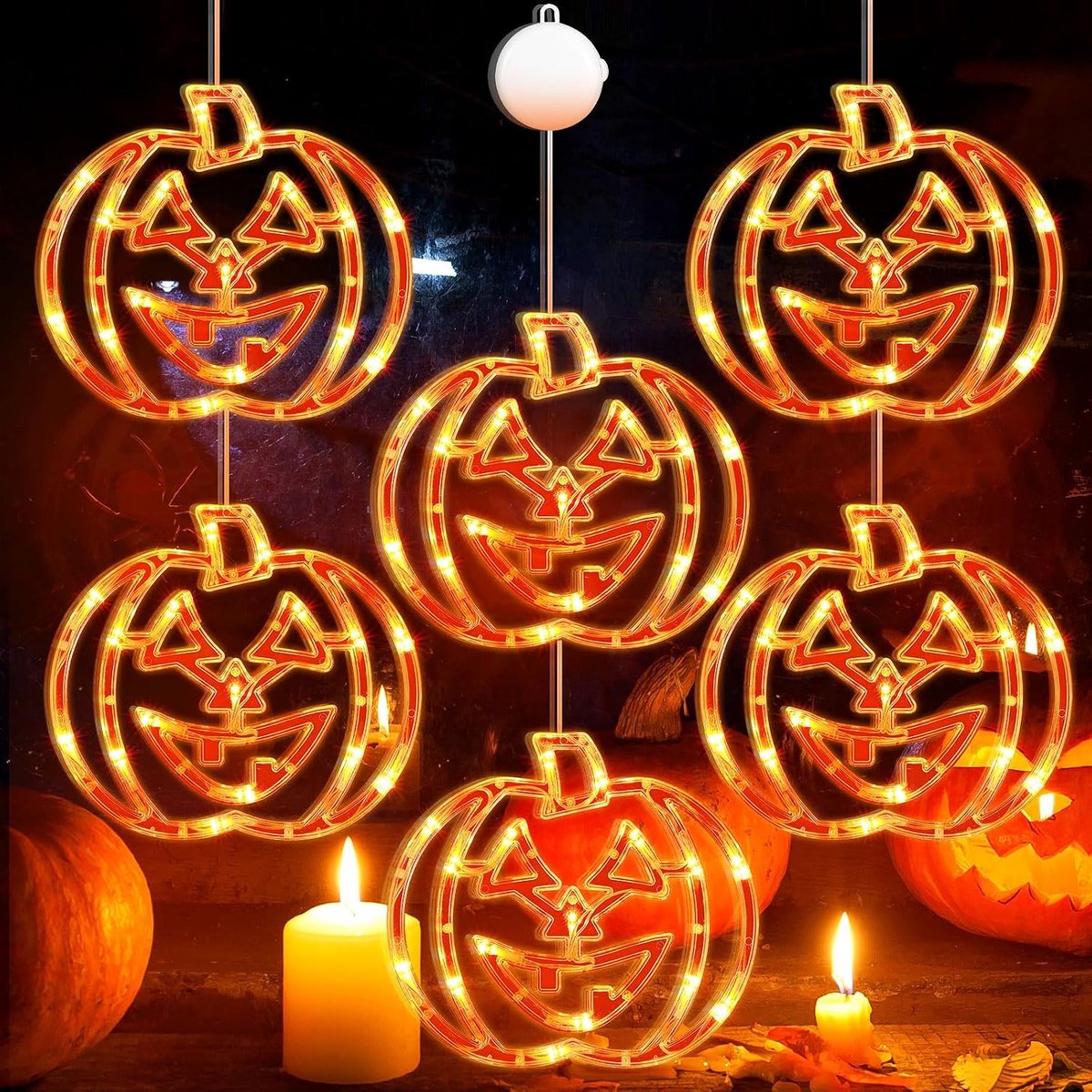 Halloween Raamlampjes – 6x Oranje Pompoen – Raamdecoratie – Feest 6-delige Halloween Pompoen Set