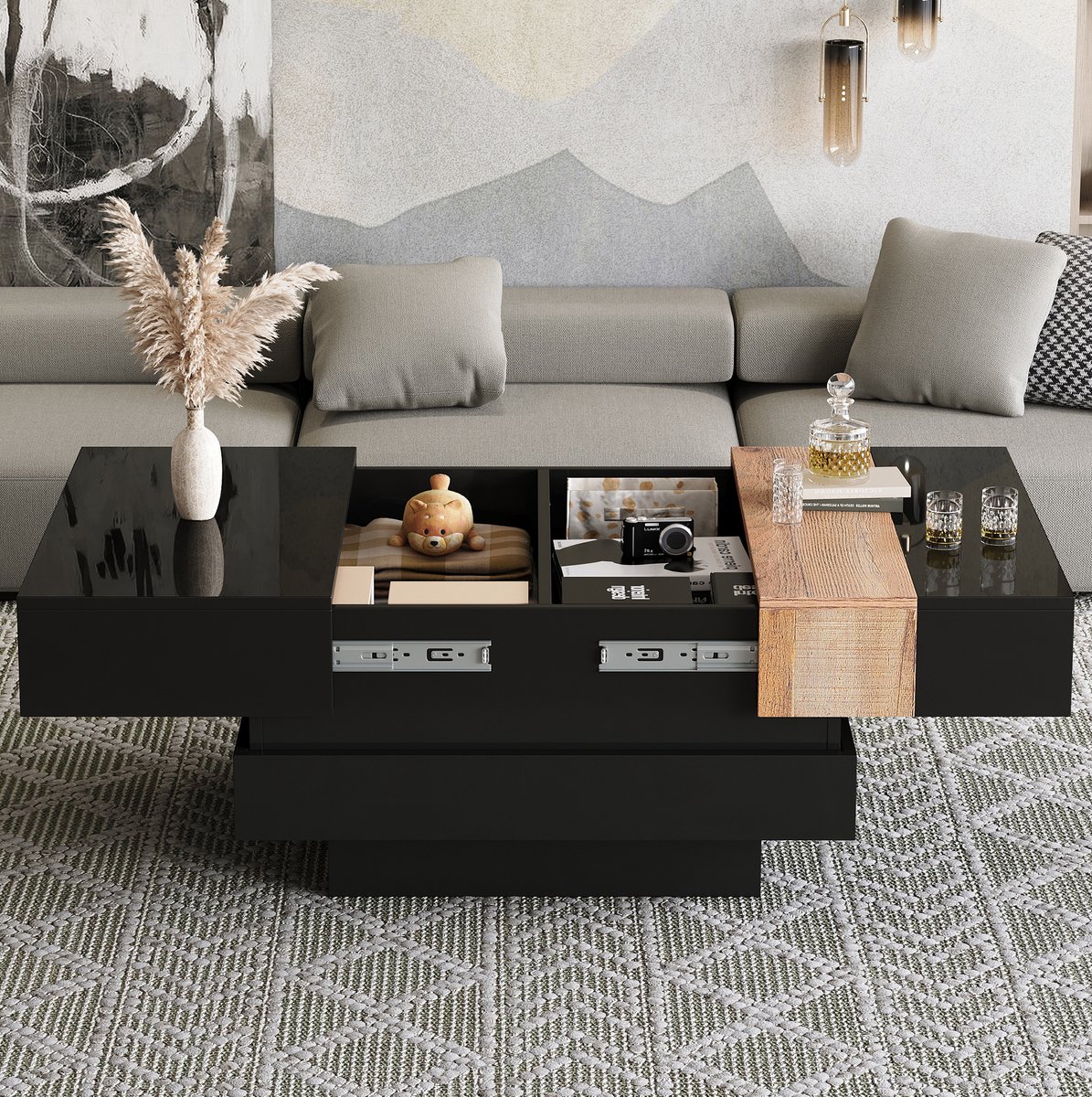 MEUNIQ Vierkante salontafel 70 x 70 x 39 cm met uitschuifbaar blad, verborgen opbergruimte en hoogglans zwart tafelblad voor woonkamer