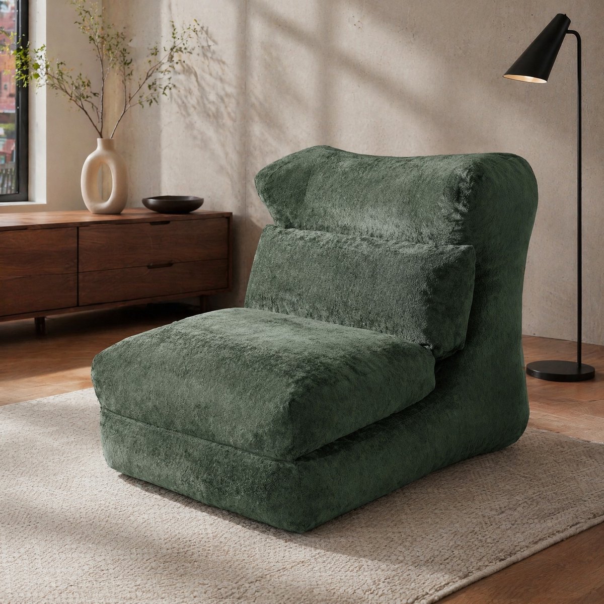 MEUNIQ Fauteuil omvormbaar tot ligstoel – groene stoffen loungestoel met foamvulling zonder armleuningen voor woonkamer en slaapkamer