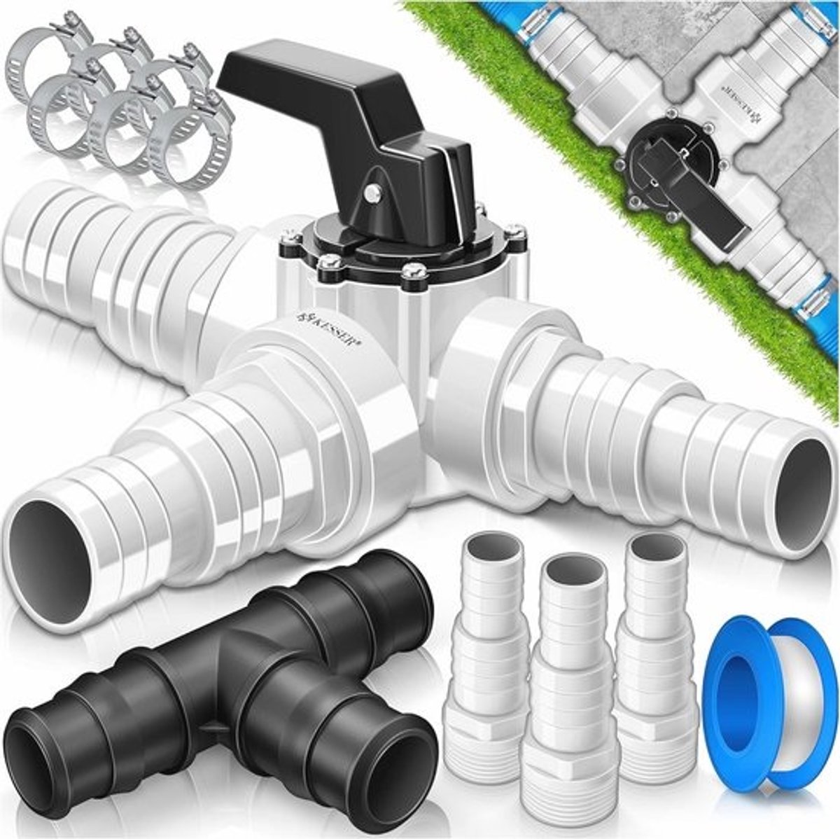 Bypass zwembadset 12-delig met 3-wegventielaansluiting en ABS-adapter Ø 32 en 38 mm