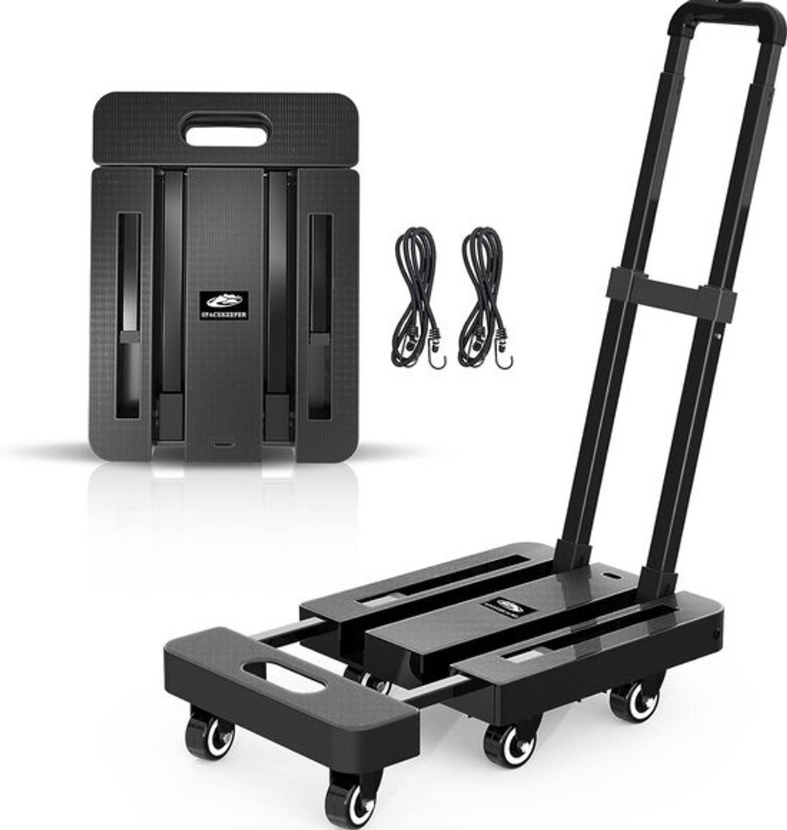 Opvouwbare steekwagen, 227KGS platformwagen voor zwaar gebruik met 6 wielen en 2 elastische touwen voor bagage, reizen, auto, winkelen, verhuizen en kantoor, zwart