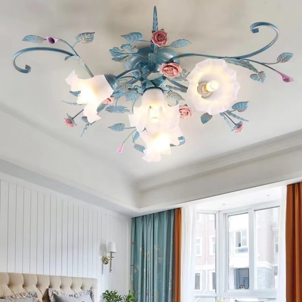 Led-plafondlamp voor landelijke villa, kroonluchter met glazen lampenkap en bloemendesign, vintage hanglamp, slaapkamer, woonkamer, slaapkamer, restaurant, hal, 4 koppen, blauw