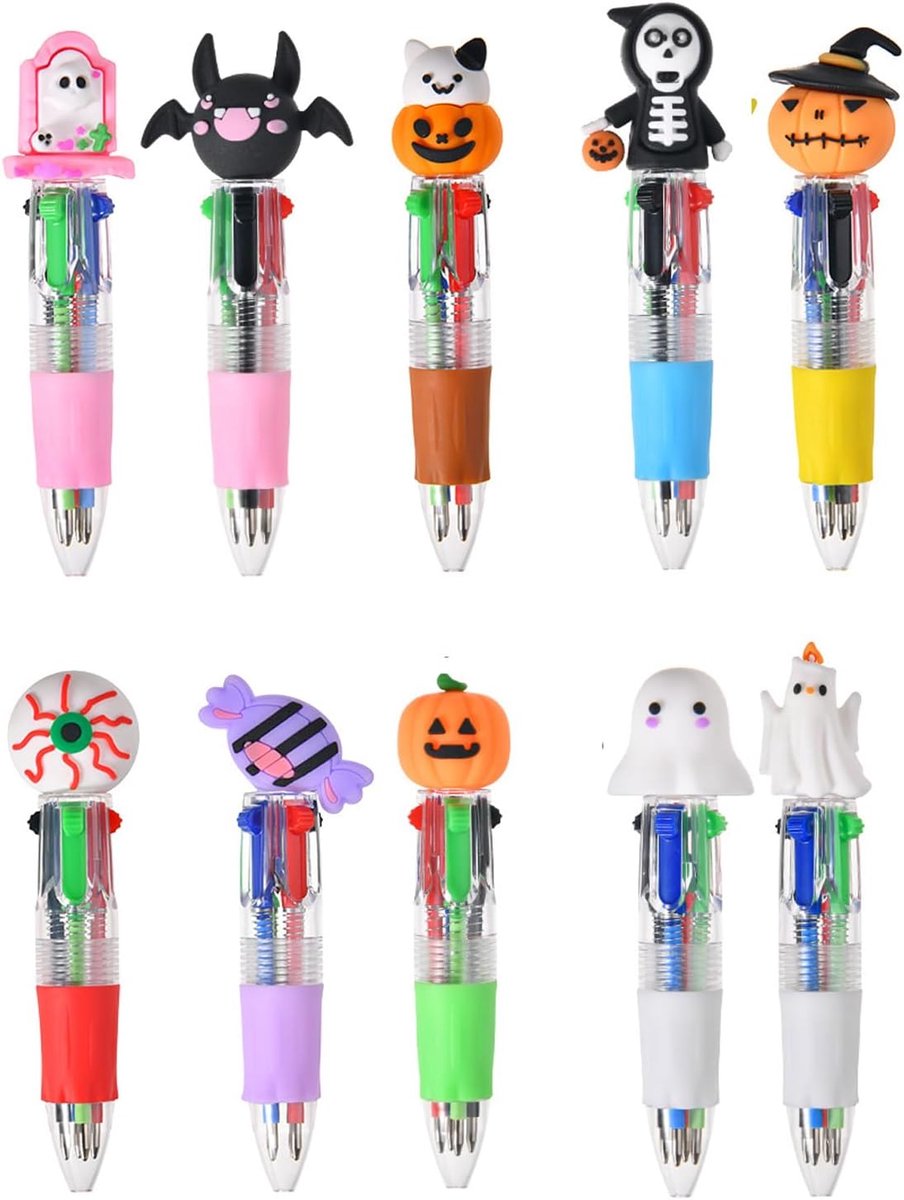10 Halloween multi-color balpen met spook, vleermuis, pompoen en schedel pen caps