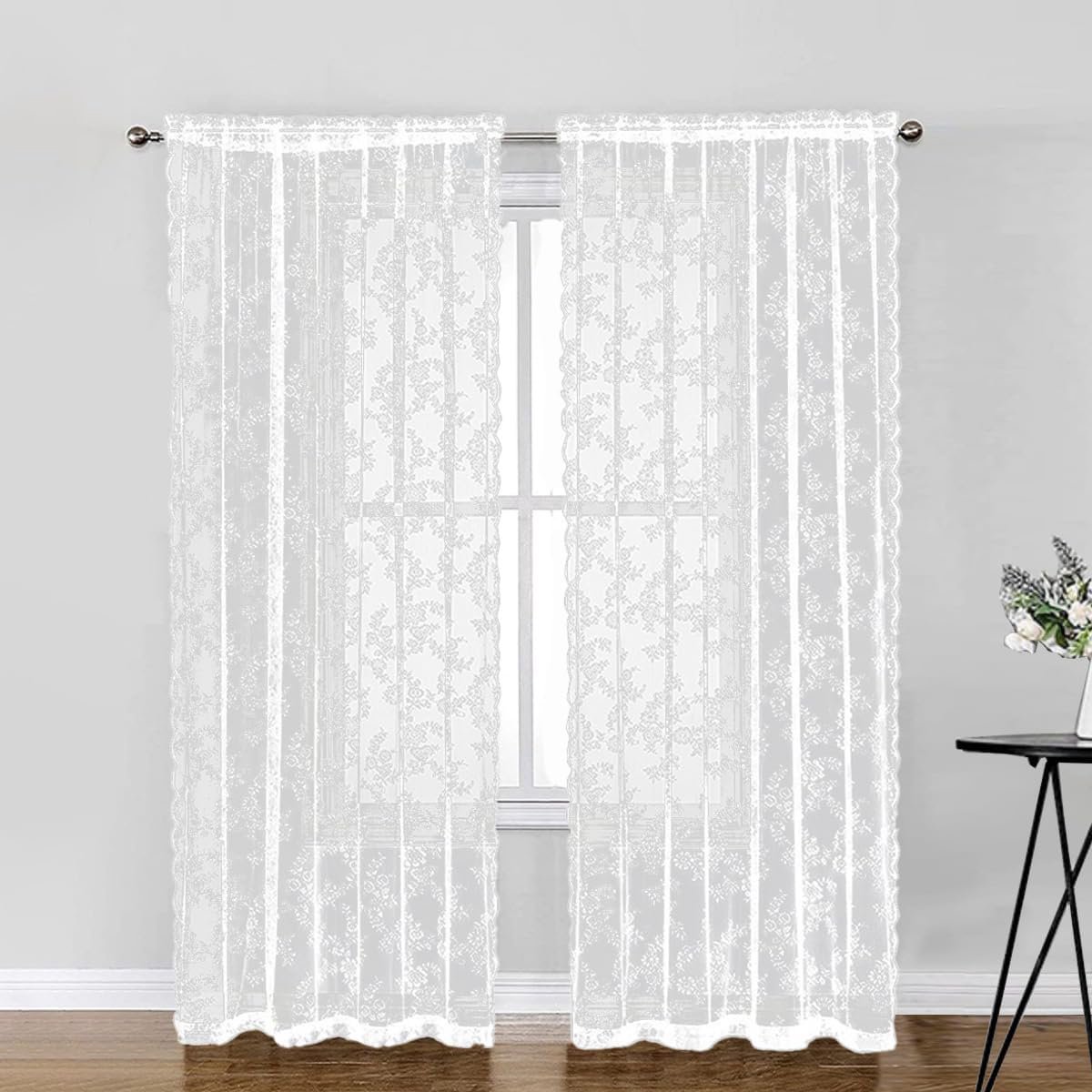 2 stuks kanten gordijnen, decoratieve gordijnen met bloemenpatroon, transparante verduisterende gordijnen voor keuken, woonkamergordijnen, luchtige dekorgordijnen voor slaapkamer