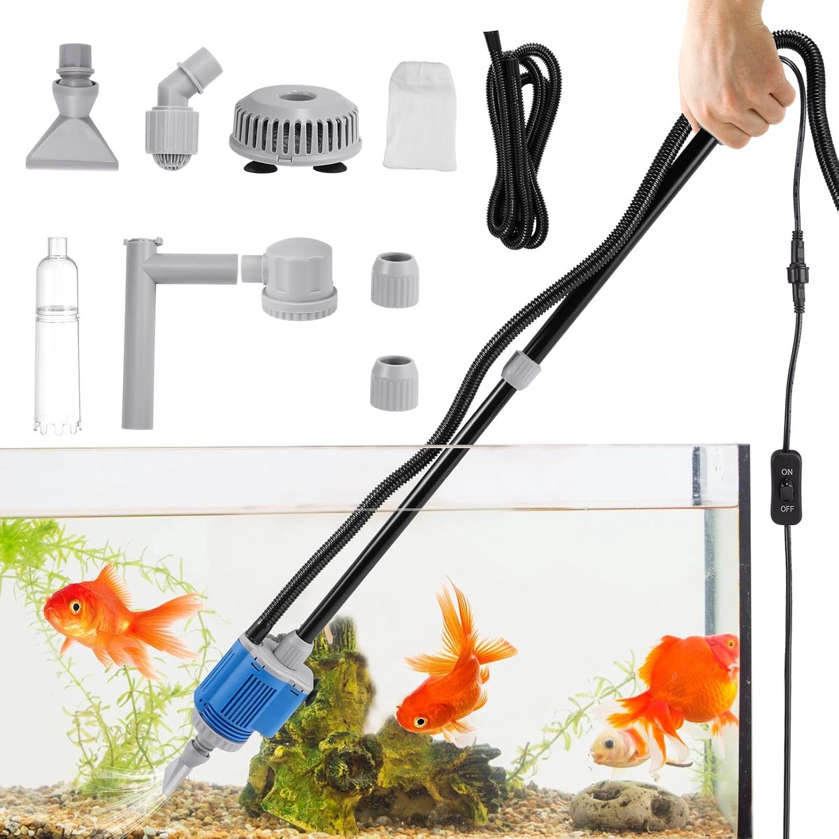 Aquarium Grindzuiger, Automatische Aquarium Waterwisselaar, 6-in-1 Aquarium Stofzuiger voor Waterverversing, Zandreiniging, Vuilverwijdering, Douchen, Filteren, 20W/12V DC