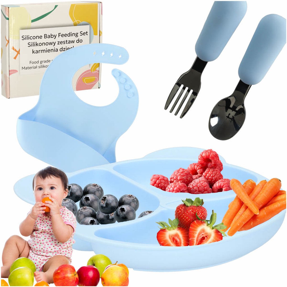Siliconen Baby Servies Set - 4 Delig Kinder Eetset met Bord Slab Vork en Lepel - Verdeelbord met 3 Vakken - Voedselveilig Siliconen - Antislip en BPA-vrij - Blauw Teddy Design