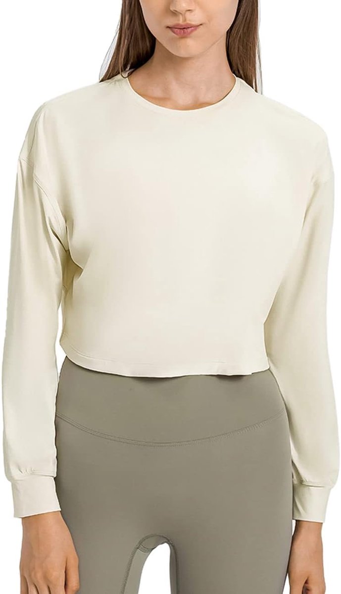 Lange Mouw Crop Tops Workout Atletische Gym Shirts Bijgesneden Sweatshirts Losse Fit, Beige, S