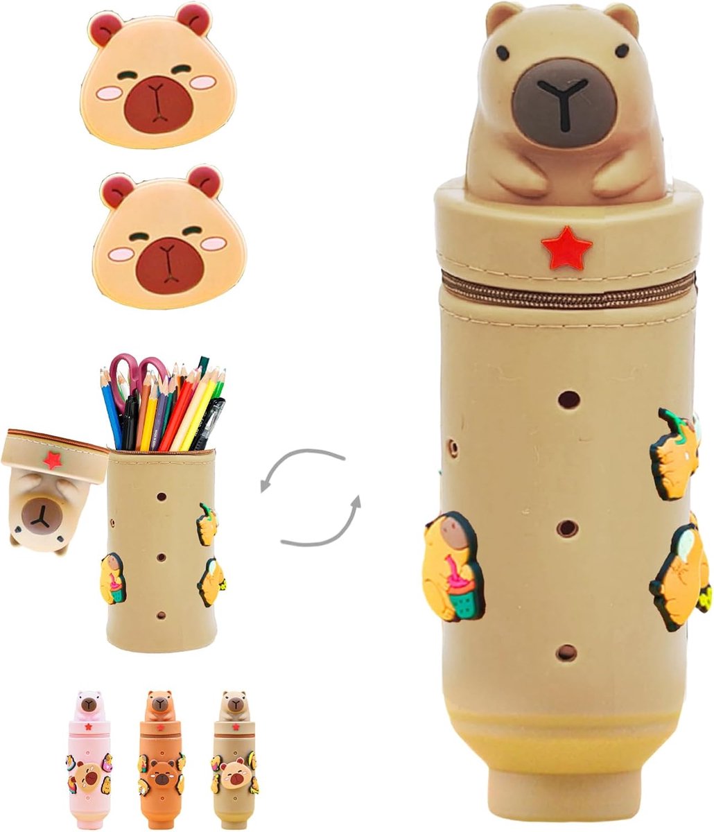 Siliconen etui, Capybara pennenetui, DIY, Capybara pennenetui, rekbaar, met gaten, Kawaii pennenetui, wasbaar, voor meisjes en jongens, school, kantoorbenodigdheden, grijs, Mooi
