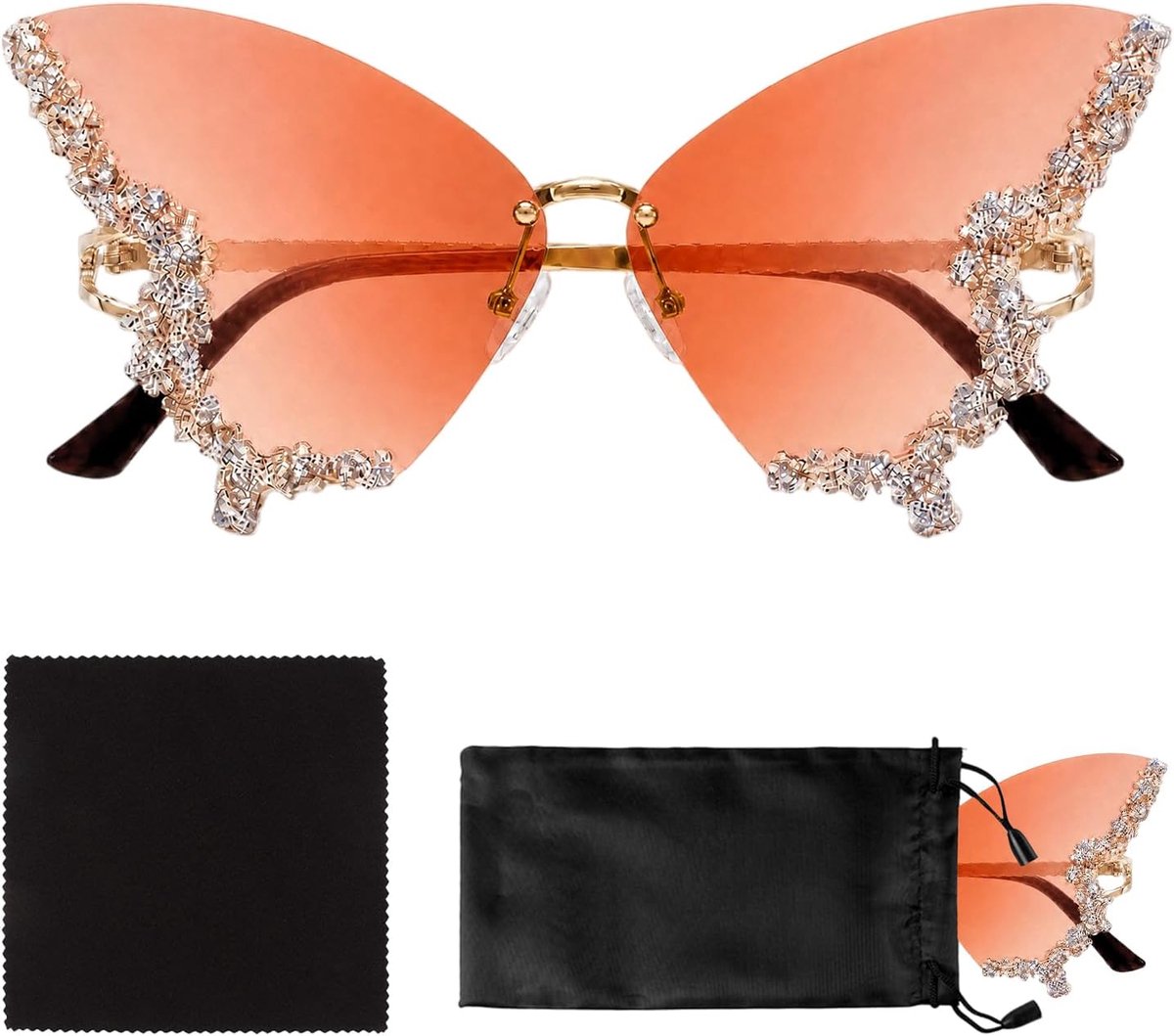 Zonnebril voor Dames - Randloos met Glitters - Vintage Fashion Zonnebril voor Festivals en Feestjes - Inclusief Brillenzakje - Roze Gradiënt