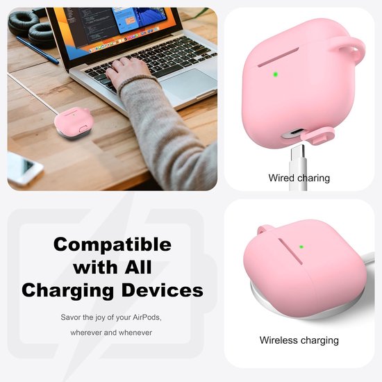 Compatibel met AirPods 3e generatie 2021, voor AirPods 3 gen Case Cover met Cleaner kit en sleutelhanger, Zachte Silicone Beschermer voor Apple AirPods 3 Case, Roze — afbeelding 4