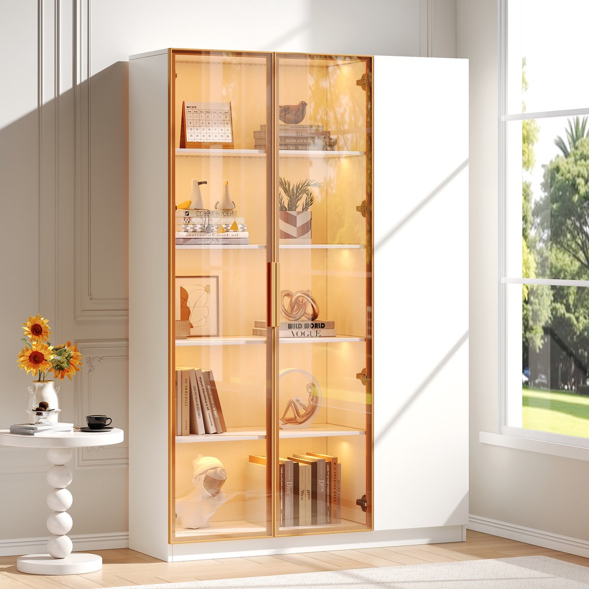 MEUNIQ vitrinekast 110 x 35 x 165 cm met 3 deuren, LED-verlichting, veiligheidsglas, verstelbare planken en anti-kipsysteem - wit