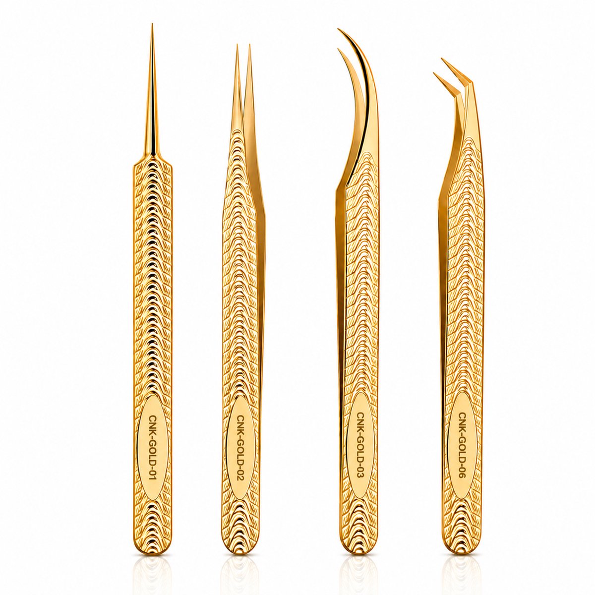 CNK Gold Professionele Wimper Pincetten Set – 4-Delig – One by One Wimperextensions – Isoleren, Oppakken & Plaatsen – Goud