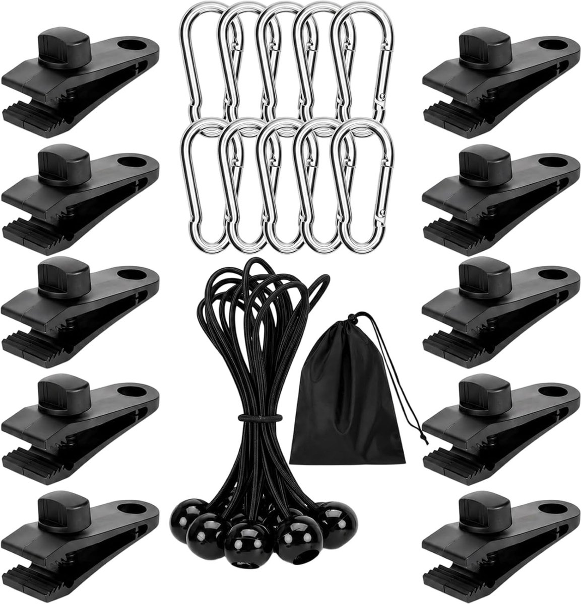 Set van 30 Stuks Sterke Tensioners en Clips, Nylon Klemmen met Carabiners en Bungee Koorden voor Camping, Zonwering en Bootgebruik