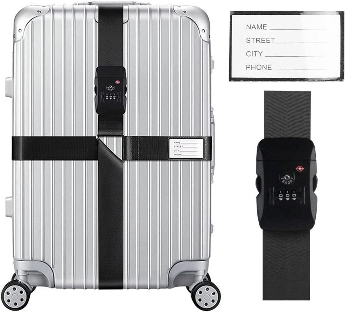 Verstelbare Bagagestrik met TSA Slot en Bagagetags, Opvallende Kofferspanner voor Eenvoudige Identificatie tijdens Reizen (Zwart, 1 Stuk)