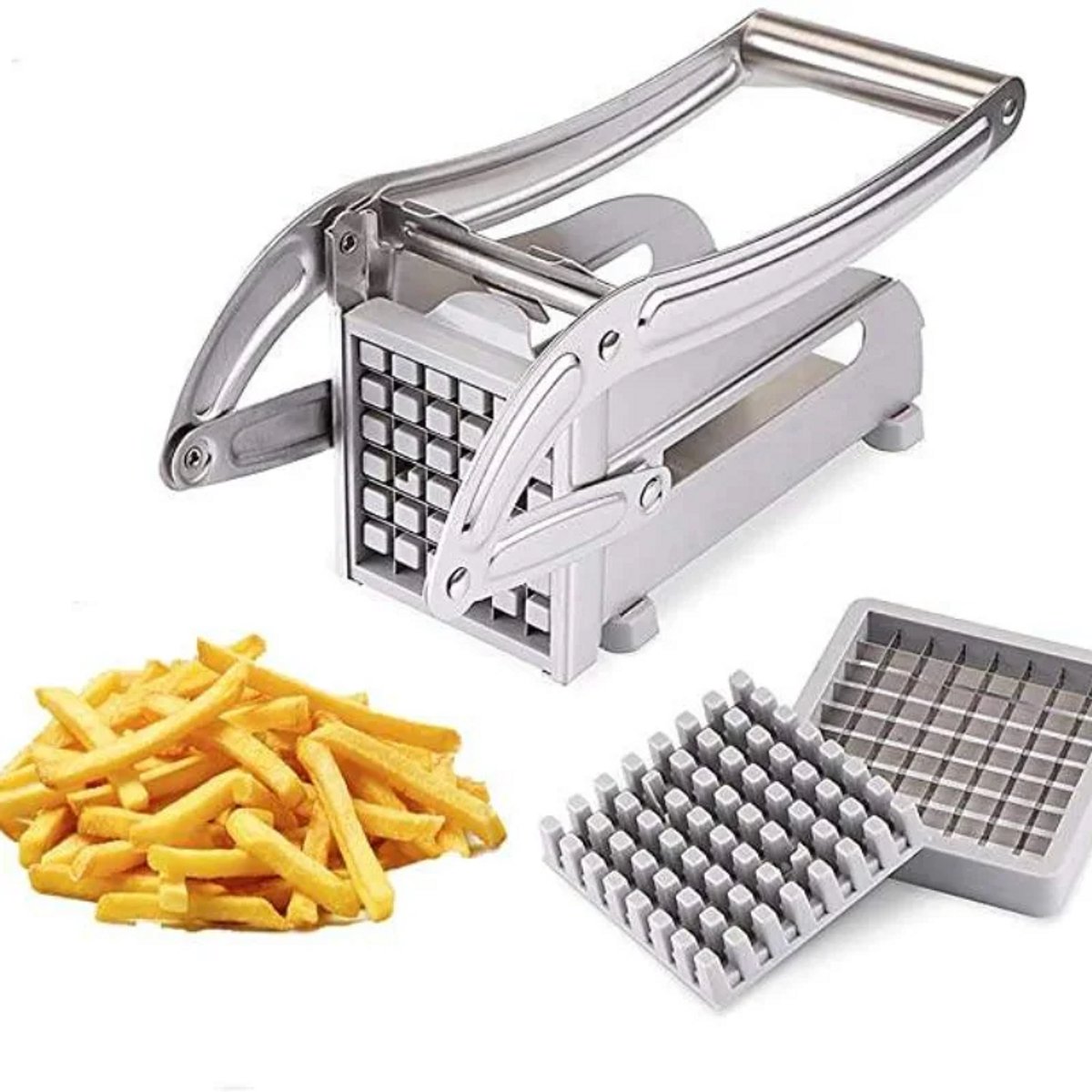 Frietsnijder – Patatsnijder – Handmatige Aardappelsnijder met 2 Verwisselbare Snijroosters – Metaal – Zilver