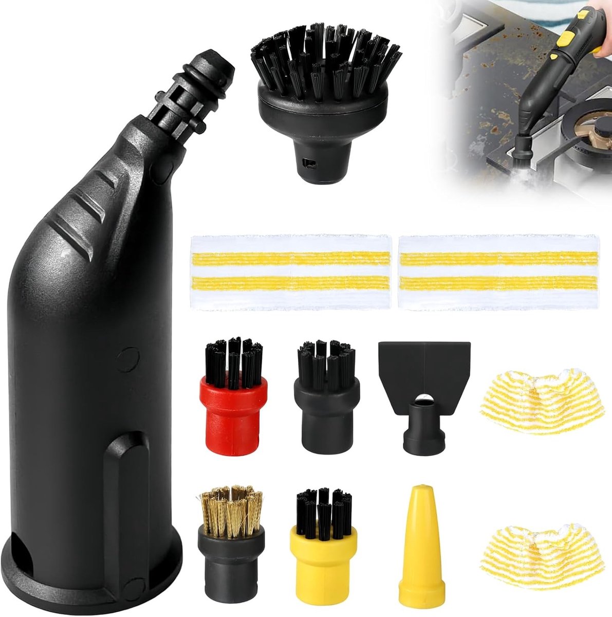 Set van 12 accessoires voor stoomreinigers, inclusief ronde borstel, platte borstel, gebogen mondstuk en reinigingsdoek, geschikt voor verschillende modellen stoomreinigers