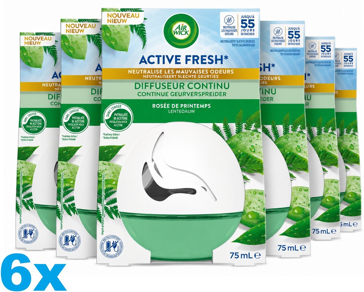 Air Wick Active Fresh Lentedauw Luchtverfrisser – 6 x 75 ml – Continue Geurverspreider – Tot 55 Dagen Frisheid