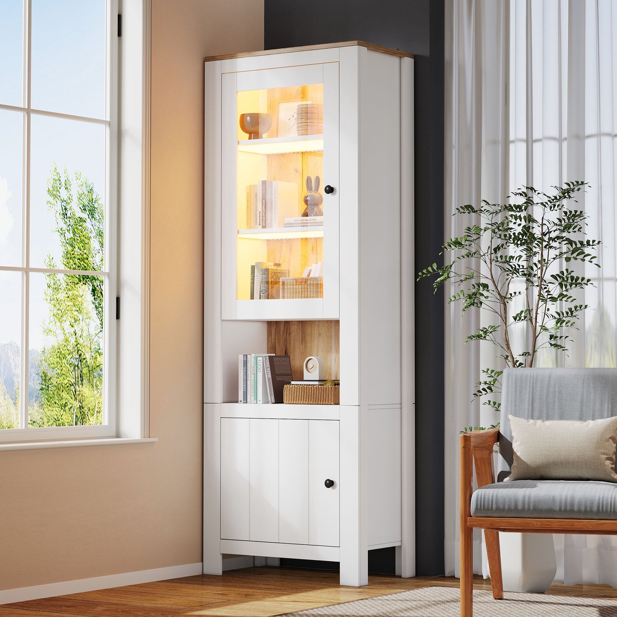 Wishdor Vitrinekast met led verlichting - Hoog en smal - Verstelbare planken en glazen deur - Wit met natuurhoutkleur - Voor woonkamer en kleine ruimtes - 70 x 40 x 188 cm