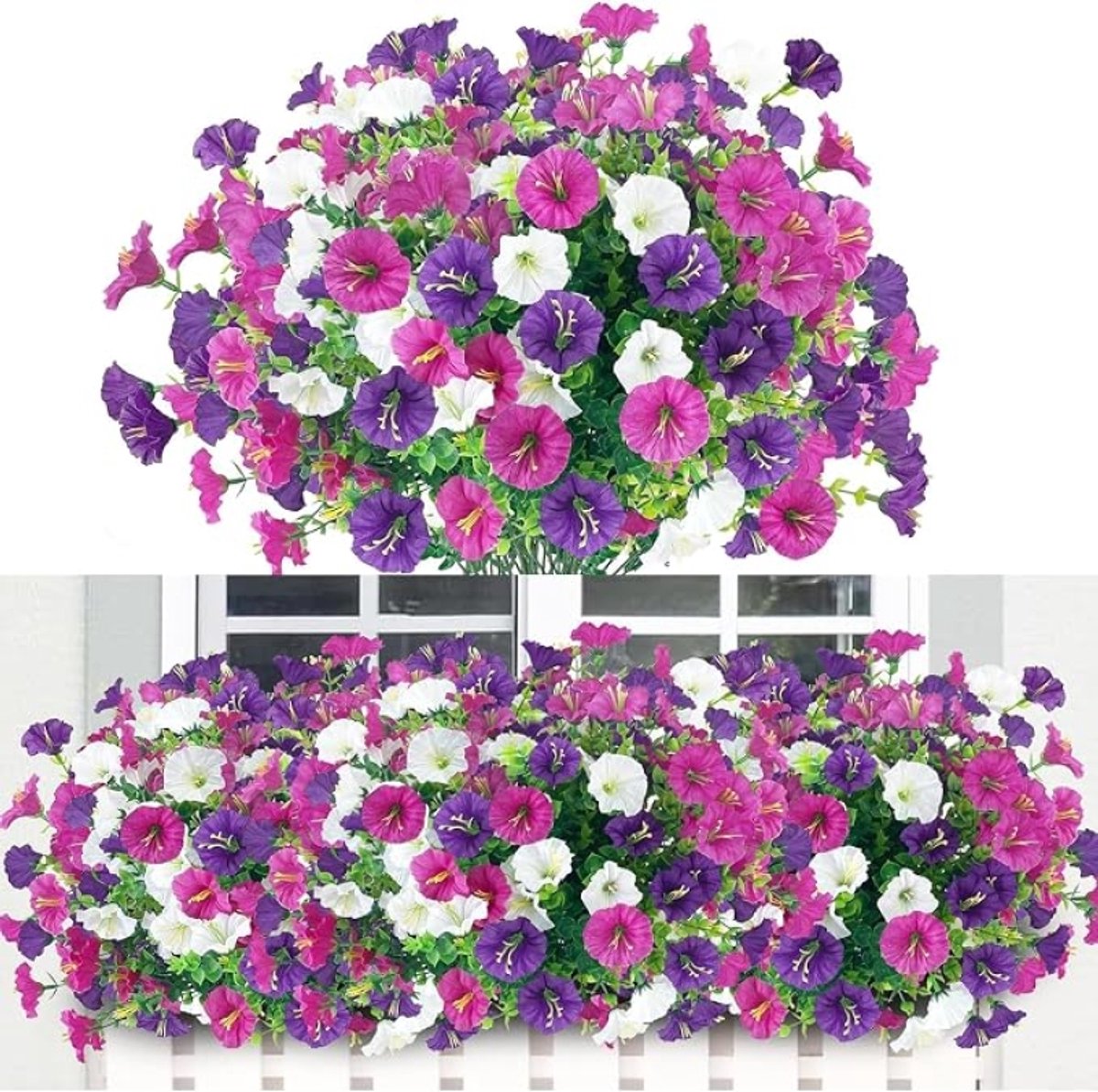 Kunstbloemen voor buiten - 6 bundels - 7 takken per boeket - UV-bestendig - Paars en wit - 36 cm - Kunststof