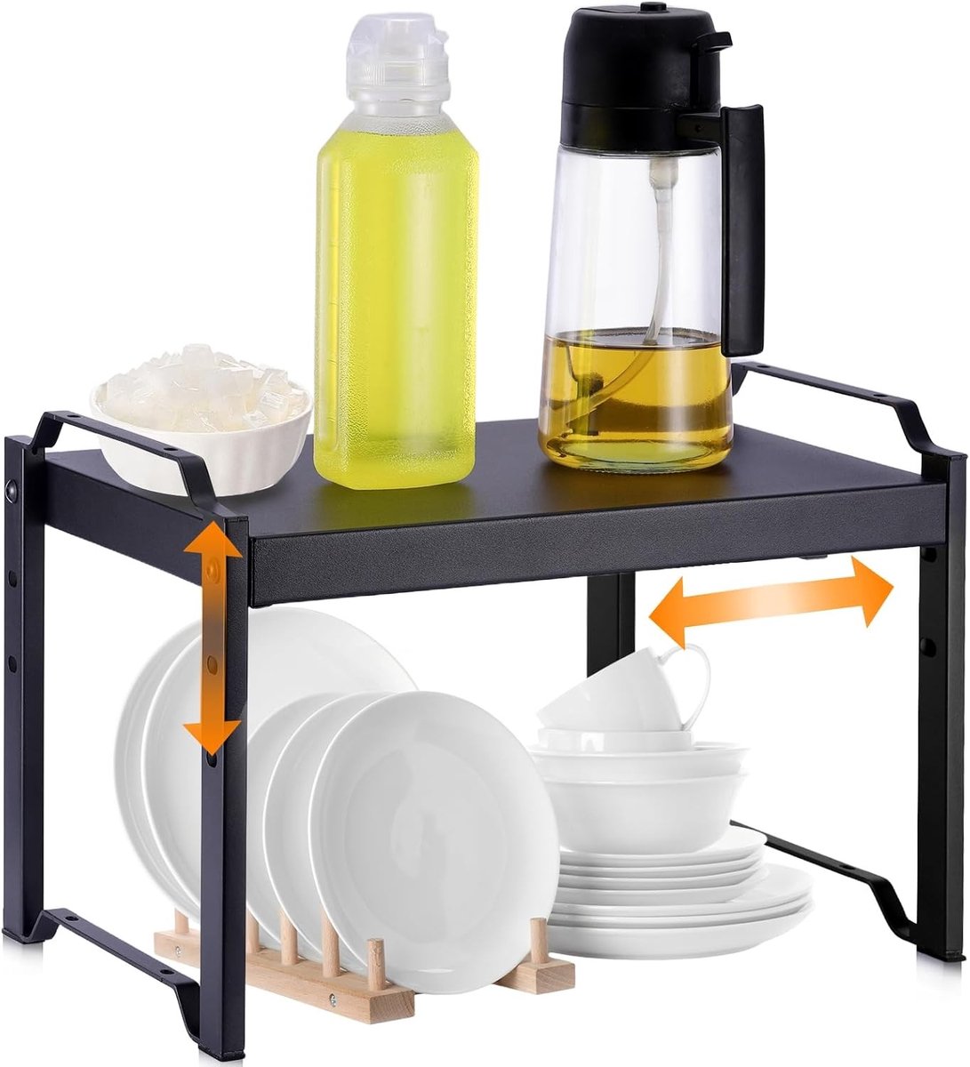 Uitbreidbare Keukenplank Organisator, Telescopische Plank voor Werkblad, 32-53 cm, Keukenopslag met 3 Hoogtes, Stabiele Plank voor Kasten en Tafels, Zwart - Perfect voor Keukenorganisatie en Ruimtebesparing