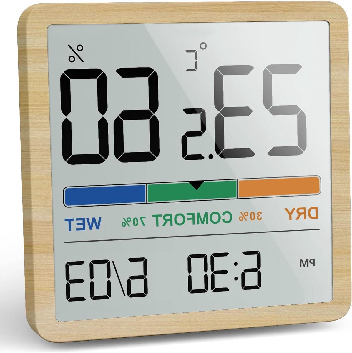Digitale thermo-hygrometer - Klimaatmeter binnen - Klimaatbeheersing ruimtes - Kleurrijke comfortindicator - 70 x 70 mm - Houten Korrel