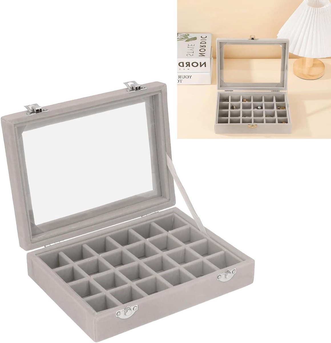 Sieraden Organizer - Opbergdoos - Sieraden Opbergen - 24 Compartimenten - Helder Deksel - Grijs